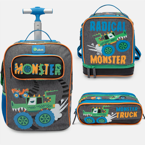 Kit Escolar Mochila, Lancheira E Estojo Monster Truck Puket Cor Cinza-escuro