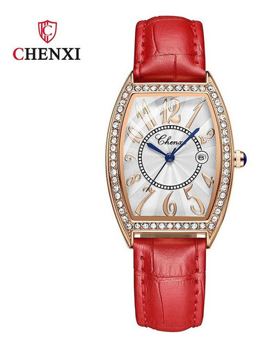 Reloj de cuarzo impermeable Chenxi Diamond Calendar, color de fondo rojo