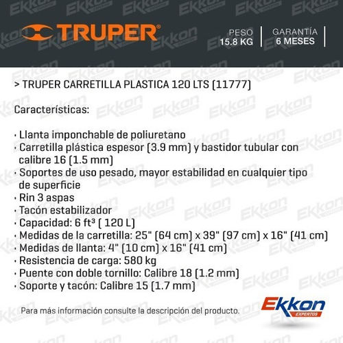 Imagen 2 de 10 de Carretilla Plástica Truper 120lts Max 580kg Rueda Neumatica