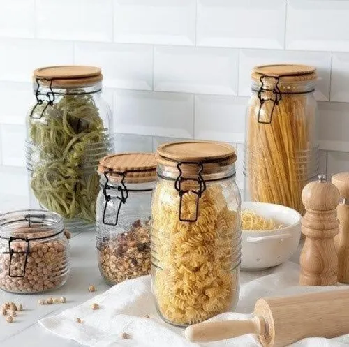 Frasco De Vidrio Tapa Hermetica Madera 1000 Ml Organizador Color Marrón