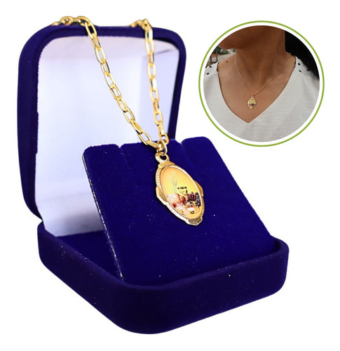 Colar Com Medalha Eucaristia Em Dourado Caixa Veludo Cor Azul