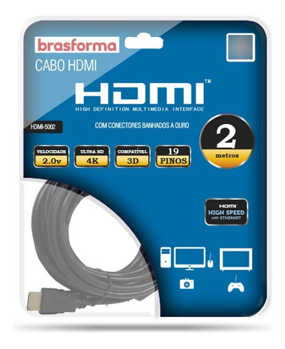 Cable Hdmi Brasforma Ultra Hd 2.0 4k De Alta Definición, 2 Metros