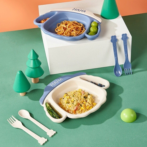 Juego De Plato Cubiertos Comida Para Bebes Cara Perro 1 Pza Color Azul