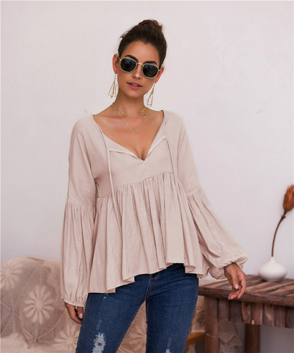 Blusa Con Cuello En V De Color Liso Y Mangas Abullonadas
