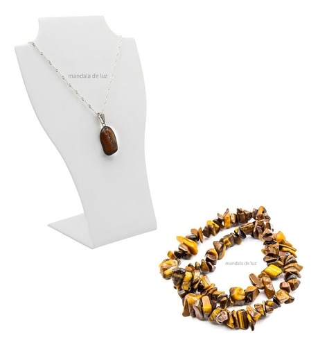 Colar Folheado De Olho De Tigre E 2 Pulseiras De Cascalho