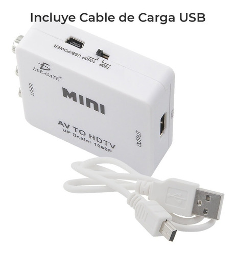 Adaptador RCA2HDMI de 2 RCA (AV), USB (solo corriente) hembras a 1 HDMI hembra Ele-Gate CON.24 blanco