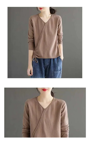 Camiseta De Manga Larga Con Cuello En V Para Mujer, Top Vint