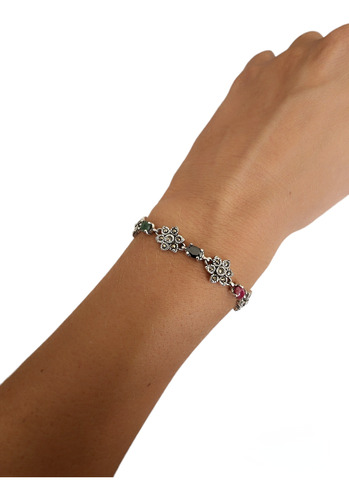 Pulsera De Plata 925 Con Raíz De Rubí Esmeralda Y Onix