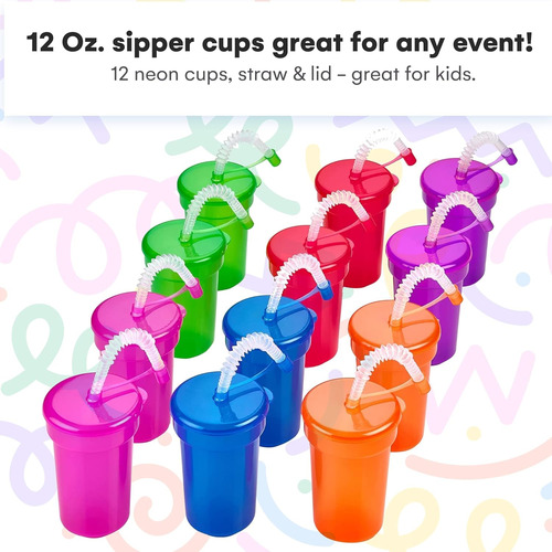 Vasos Para Beber Kicko Neon, 5.5 Pulgadas, 12 Oz., Coloridos