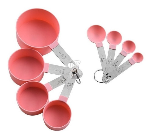 Set De 4 Cucharas Y 4 Tazas Medidoras Reposteria Acero Inox Color Rosa