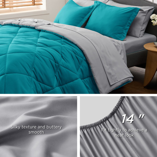 Juego Edredon Y Ropa De Cama 208x218 Cm Azul Aqua Reversible