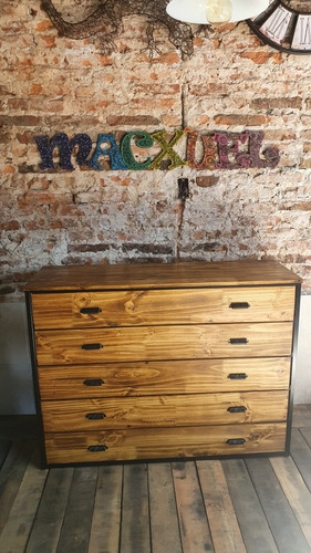 Imagen 3 de 9 de Mueble Cómoda Industrial 5 Cajones Madera Alistonado Hierro