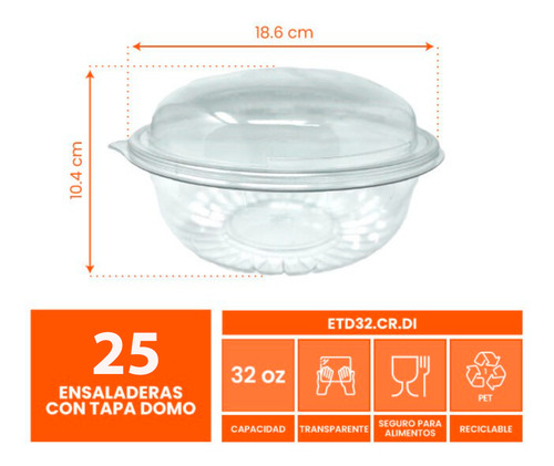 Ensaladera Con Tapa Domo 32 Oz Pet Reciclable Wow 25 Jgs Color Blanco