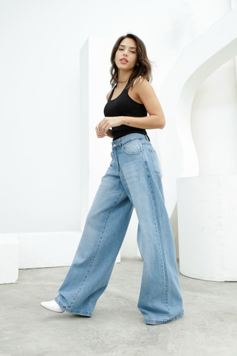Pantalón Baggy De Jean Rígido Tiro Medio - Oriental