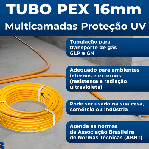 Kit 2,40 Metros Tubo Pex 16mm Gás Luva Cotovelos Reg Adap