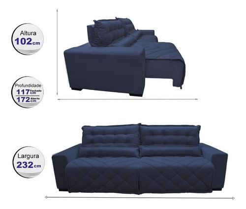 Sofá 2,32m Retrátil E Reclinável Cama Inbox Plus Azul