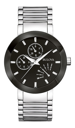 Relógio de pulso Bulova Classic 96C105, analógico, para homens, fundo preto, com pulseira de aço inoxidável prateada e dobrável