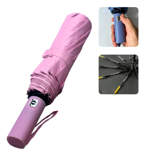 Guarda Chuva Automático Reforçado Estrutura Fibra Proteçãouv Cor Rosa Desenho Do Tecido Liso