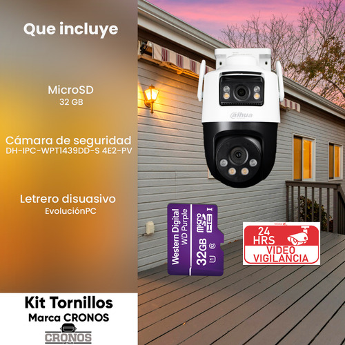 Kit Cronos Cámara De Seguridad Dahua Ip Pt Dh-ipc-wpt1439dd-s 4e2-pv Wifi Cruiser Dual 8mp Iluminador Dual Audio Doble Vía Alarma Auto Tracking + Microsd 32gb + Accesorios Cctv Wpt1439dd-plus-32