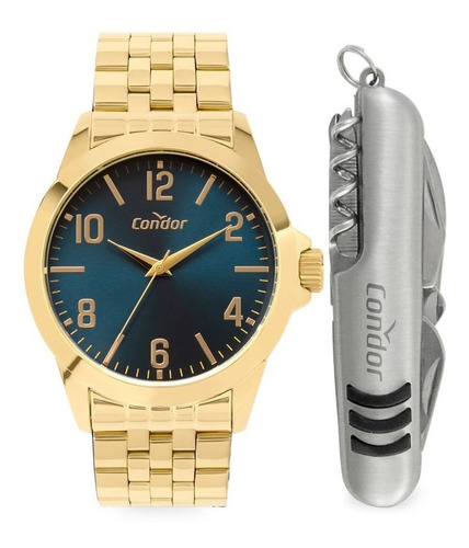 # Relógio Masculino Dourado Fundo Azul + Canivete Condor Nf