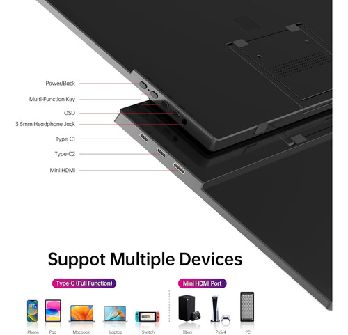 Monitor Portatil 15.6 Full Hd 1080p Ultrafino Con Usb-c Negro