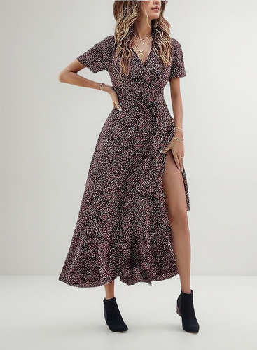 Vestido Con Cuello En V Y Estampado Floral Con Cinturón Fino