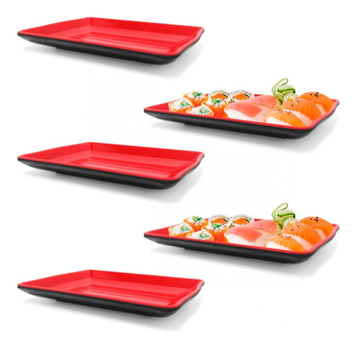 Kit 5 Pratos Em Melamina Retangular 21x13 Cm Para Sushi