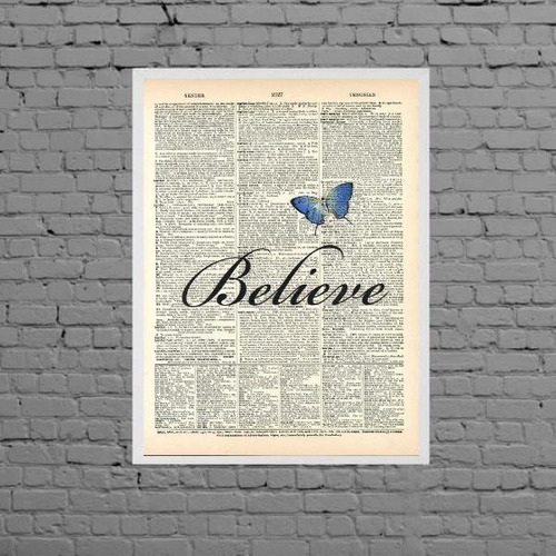 Quadro Borboleta Azul Believe 24x18cm Madeira Branca