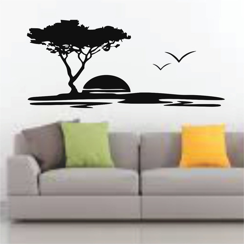 Vinilo Decorativo De Pared Paisaje Sol Arbol Gaviotas
