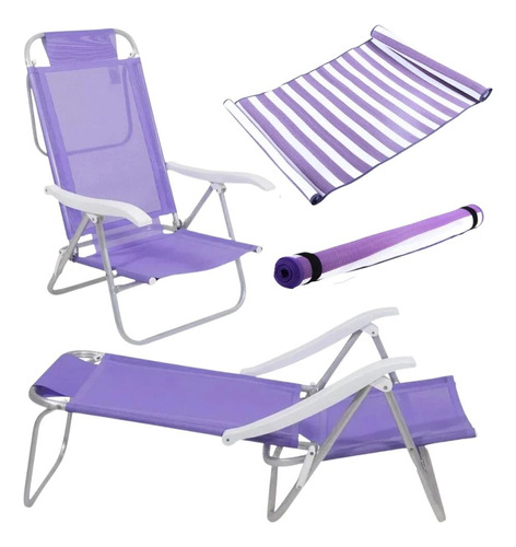 Kit Cadeira De Praia Sunny Dobrável + Esteira Com Alça Lilas