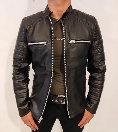 Chamarra De Piel Para Hombre Chaqueta Negra Slim Tipo Biker