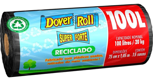 Saco de Lixo Reciclado Super Forte 100 Litros Dover Roll com 15 unidades