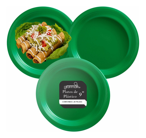 Plato Grande De Plástico Desechable Granmark - 20 Piezas Color Verde Bandera