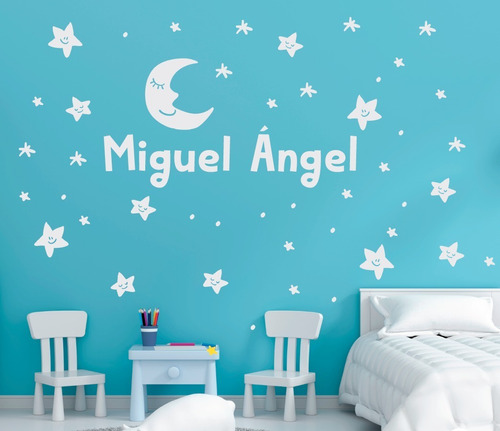 Vinilos Adhesivo Decorativo Niños Luna, Estrellas + Nombre