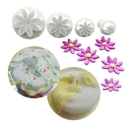 4 Molde Fondant Cortador Con Expulsor Fondant Flor Margarita