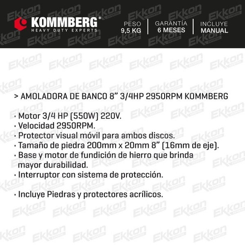 Amoladora De Banco 3/4hp 2 Discos 8 PuLG. Monof. Kommberg