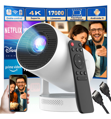 Proyector Mini Xnano 4k Android 11 Profesional 17000 Lumenes LED FHD 127V 1080p Portátil 2.4G/5G WiFi6 Bluetooth 5.4 180° Giratorio Con HDMI Color Blanco