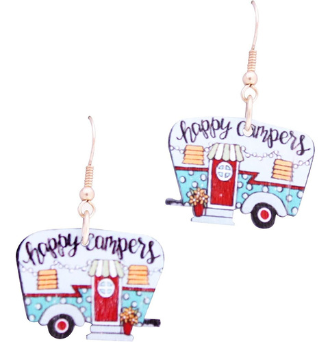 Acogedor Happy Camper Trailer Pendientes Colgantes De Madera