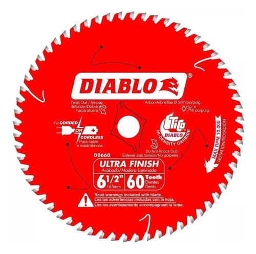 Disco Sierra Circular 6 1/2' Diablo 60d Corte Ultra Fino Color Rojo