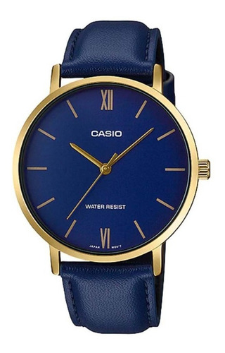 Reloj de pulsera Casio Dress MTP-VT01 de cuerpo color dorado, analógico, para hombre, fondo azul oscuro, con correa de cuero color azul, agujas color dorado, dial dorado, bisel color dorado y hebilla simple