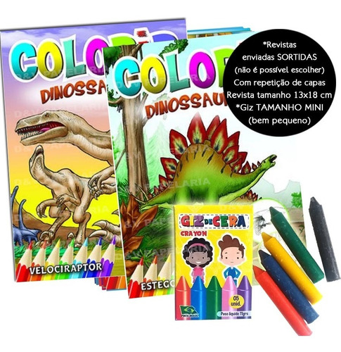 20 Kit Livrinho Revista Colorir Dinossauro + Giz De Cera Mini Infantil P/ Lembrancinha