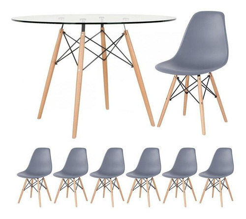 Kit Mesa Eames Wood 120 Cm Tampo Vidro  6 Cadeiras Eiffel Cor da tampa Cinza-escuro