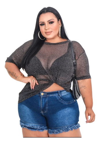 Blusa Plus Size Manga Curta Tule Com Brilho Fios Lurex Linda