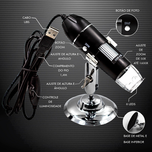Imagem 2 de 10 de Kit 10 Microscópio Zoom 1600x 2mp Profissional Digital Usb