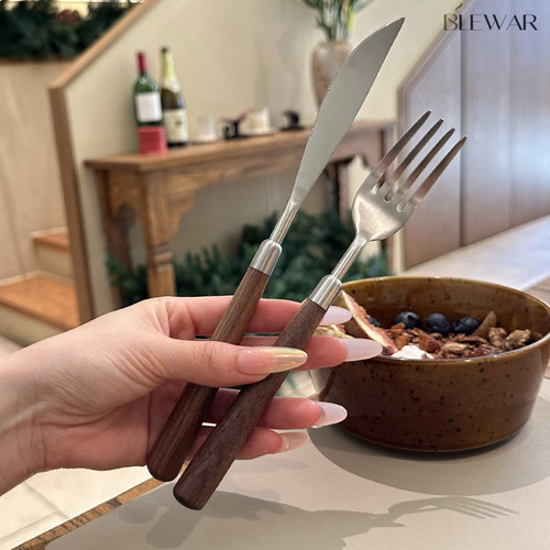 Juego De Cubiertos De Madera Y Acero Inoxidable 4 Piezas