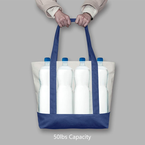 Bolsa De Lona Con Bolsillo Externo Y Cierre En Azul/natural