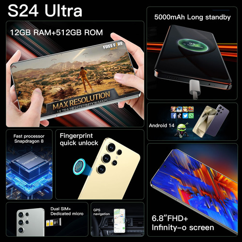2025 Últimas El Precio Más Barato Generic S24 Ultra Dual Sim 12gb+512gb Soporta Red 4g/5g Wifi Celular Android 14 Smartphone 6.8 Pulgadas Pantalla
