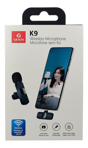 Microfone Lapela Sem Fio P/ iPhone Lightning Profissional K9 Cor Preto
