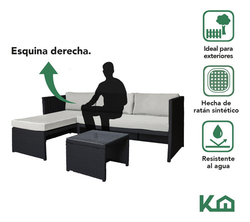 Sillas De Comedor Juego Sala Exterior Esquinera Derecha Gris KH3PL Mueble Ratán Con Mesa De Centro Con Vidrio Templado Resistente Al Agua Los Rayos Uv Para Patio, Terraza, Aire Libre