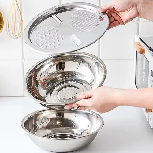 Bowl Kit 3 Em 1 Escorredor Massa Macarrao Ralador Inox